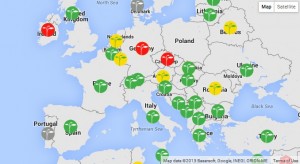 Image shows map of Europe with green, yellow and red circles that can be clicked on to reveal data specific to that country.